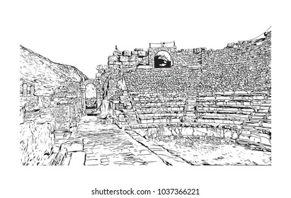 Ephesus was an ancient Greek city on the coast of Ionia, three kilometres southwest of present-day Selçuk in ?zmir Province, Turkey. Hand drawn sketch illustration in vector.