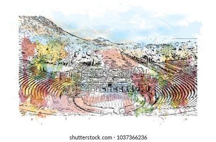 Ephesus was an ancient Greek city on the coast of Ionia, three kilometres southwest of present-day Selçuk in ?zmir Province, Turkey. Watercolor splash with Hand drawn sketch illustration in vector.