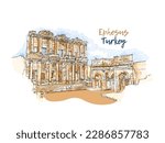 Ephesus, Izmir, Turkey. The Library of Celsus. Abstract landscape of Turkish landmarks on the Aegean Sea. Hand drawn sketch vector watercolor illustration. Simple urban sketch for postcards, logos