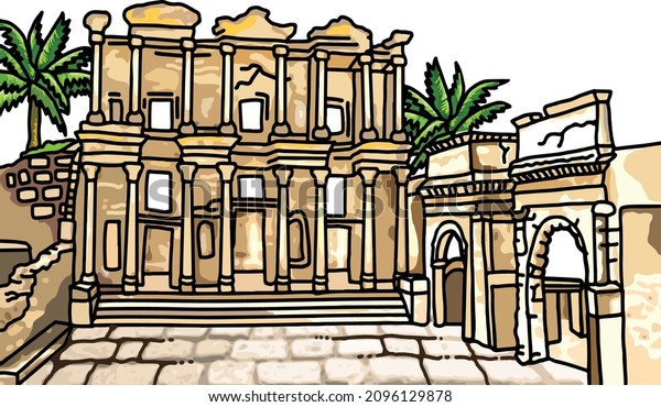 Ephesus, the old ancient Greek city on the coast of Ionia, Selçuk Province, İzmir Turkey. Hand drawn historical library sketch illustration in vector.