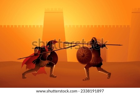 Epic battle of Achilles vs Hector, witness the legendary duel in front of Troy's mighty fort in this dynamic vector illustration. Perfect for historical themes and greek mythology enthusiasts
