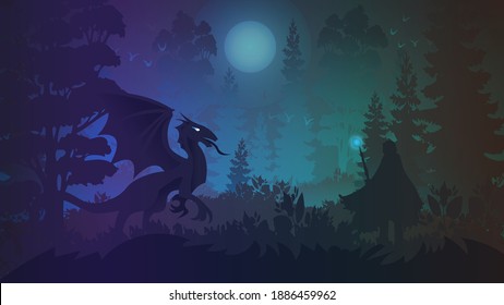 Epic battle of the magician and the dragon in the forest. Vector illustration for the design of children's and teen books in the style of fantasy and science fiction.