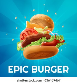 Epic Burger (light blue background) - vector illustration. Layered, resizable and fully editable.