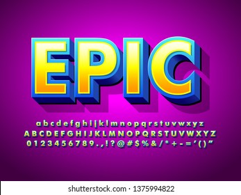 Epic Cartoon 3d Game And Movie Logo Type Font, Detailed Text Effect With Modern 3d Extrude And Shadow, Typeface Game Logo Tittle Text Effect, Friendly 3d Bold Alphabet.