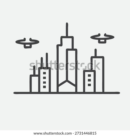 Epic Cyberpunk Megacity Icon with Neon-Lit Skyscrapers and Flying Vehicles in Futuristic Night Line Art