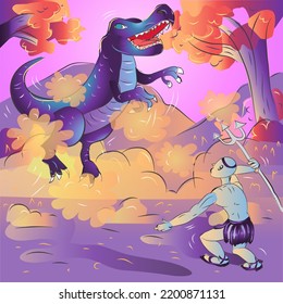 Epic Dinosaur Hunter Battle T-Rex Vector Illustration