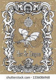 Epic dragon with compass and title Here Be Dragons in antique baroque frame. Vector sketch of tattoo fantasy concept, poster and playing card design. Graphic line art engraved illustration