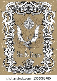 Epic dragon with wings and compass in old sea baroque frame with nautical patterns. Vector sketch of tattoo fantasy concept, poster and playing card design. Graphic line art engraved illustration