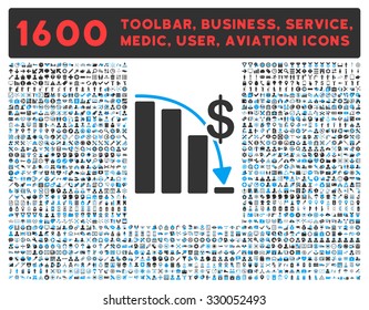 Epic Fail vector icon and 1600 other business, service tools, medical care, software toolbar, web interface pictograms. Style is bicolor flat symbols, blue and gray colors, rounded angles, white