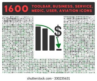 Epic Fail vector icon and 1600 other business, service tools, medical care, software toolbar, web interface pictograms. Style is bicolor flat symbols, green and gray colors, rounded angles, white