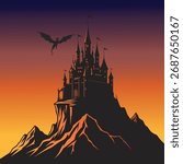 Epic fantasy vector silhouette featuring a winged dragon flying over a formidable, isolated medieval castle on a rocky cliff against a dramatic gradient sunset sky. Ideal for gaming, book covers.