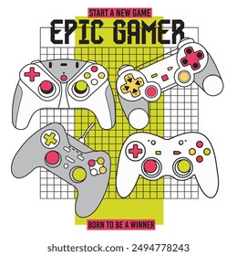 Episches Spiel . Modernes Gamer-Fandesign mit Controller für Poster, T-Shirt, Karte, Textil etc. Flache Vektorgrafik