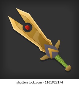 Epic golden fantasy vector sword. Medieval iron weapons. Illustration with object for rpg. Knight's ancient insulated blade with a magic stone.