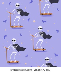 Divertido Dibujado A Mano Patrón De Vector Sin Costuras De Halloween. Divertido esqueleto con gafas de sol estrelladas montando una patineta. Esqueleto y murciélagos sobre un fondo violeta. Impresión de Halloween de estilo infantil. RGB.