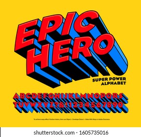 Epic Hero Super Power Alphabet: A comic style superhero logo lettering style. This font is in the tradition of branding typography for superheroes in the 20th century cartoon or comic book tradition.