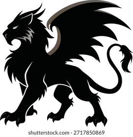 Epic Manticore Silhueta Vetor. Ilustração de besta alada mítica, logotipo de mascote de fantasia de criatura, design gráfico de monstro lendário