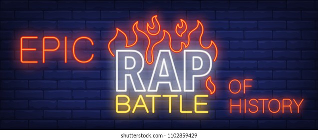 Epic rap battle of history neon sign. Bright inscription with flame tongues on brick wall. Vector illustration in neon style for video preview or concert banner