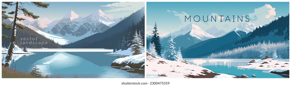 Epic scenery with Mountain forest and lake, flat colors panoramic banner. Winter adventures and vacations template design. Vector illustration