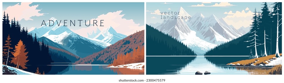 Epic scenery with Mountain forest and lake, flat colors panoramic banner. Winter adventures and vacations template design. Vector illustration