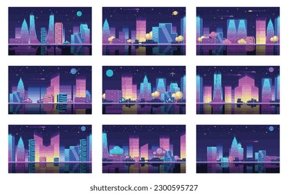 Epic scifi pixel neon city at night. Pixel art neon night city with buildings panorama. Retrowave arcade game set in pixel art background in retro 80s - 90s style. 8-bit Pixel synthwave graphics