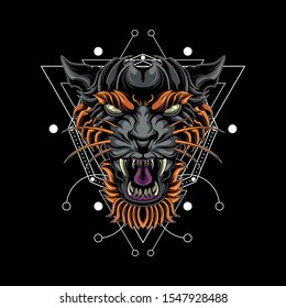 epic tiger head illustration with sacred geometry