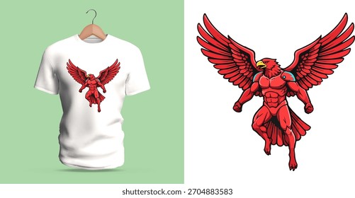 Ilustração vetorial de camiseta épica de um poderoso personagem guerreiro alado com placas de armadura vermelha muscular, grandes asas emplumadas estendidas para fora, anatomia definida do peito e braço, detalhes do capacete angular