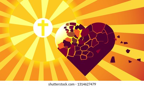 Epic vector image wich lighthous of Calvary cross, that purify heart of man from dirt of sin and evil. Dedication of soul by Jesus Christ
