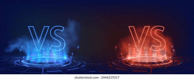 Epic Versus Battle Arena with Neon VS Sign. Two glowing neon 'VS' signs in blue and red on a dark digital arena setting, symbolizing an epic showdown or competition. Vector