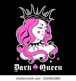 Epic Y2k goth queen with glam pink hair in black crown. Glamour sticker, trendy gothic 2000s aesthetic print. Graphic Vector icon. Mystery goddess on dark witchy print.