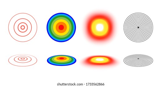 Iconos del epicentro aislados en signos simples blancos, concéntricos o radiales que muestran cómo la señal de radio, ruido, epidemia de infección, explosión de bomba o energía de un terremoto se esparce desde el punto de partida
