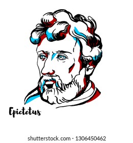 Epictetus engraved vector portrait with ink contours. Greek Stoic philosopher.