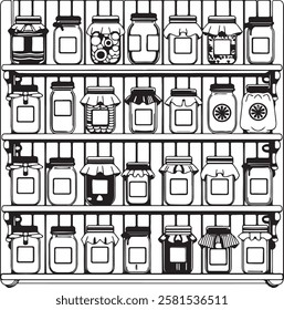 epicting neatly arranged mason jars on wooden shelves in a retro style vector art