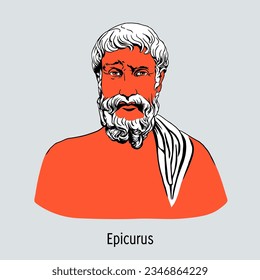 Epicurus was an ancient Greek philosopher, founder of Epicureanism in Athens. A hand-drawn vector illustration svg