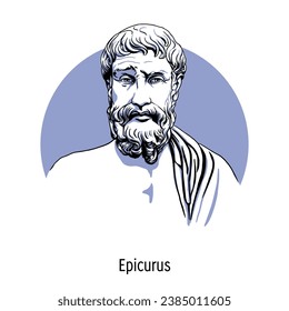 Epicurus is an ancient Greek philosopher, the founder of Epicureanism in Athens. Vector illustration, hand drawn. svg