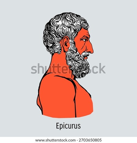Epicurus was an ancient Greek philosopher, the founder of the Epicurean school, who developed a doctrine of happiness, pleasure, and freedom from fear. Hand-drawn vector illustration