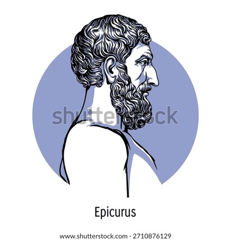 Epicurus was an ancient Greek philosopher, the founder of the Epicurean school, who developed a doctrine of happiness, pleasure, and freedom from fear. Hand-drawn vector illustration