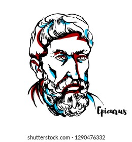 Epicurus engraved vector portrait with ink contours. Ancient Greek philosopher who founded a highly influential school of philosophy now called Epicureanism.