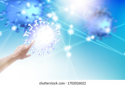 Epidemic blue science background. Science illustration with human hand pointing on model of coronavirus. Vector illustration