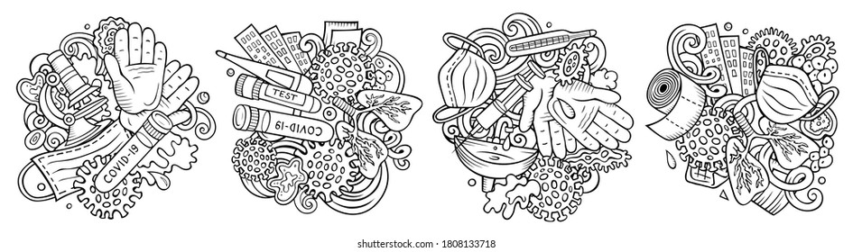 Epidemic cartoon vector doodle designs set. Sketchy detailed compositions with lot of coronavirus objects and symbols. Isolated on white illustrations. Covid-19 pandemic banner