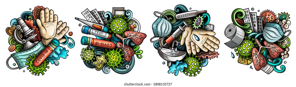Diseños de doodles vectores de dibujos animados epidémicos. Coloridas composiciones detalladas con muchos objetos y símbolos de coronavirus. Aislado en ilustraciones blancas. Pancarta de la pandemia Covid-19