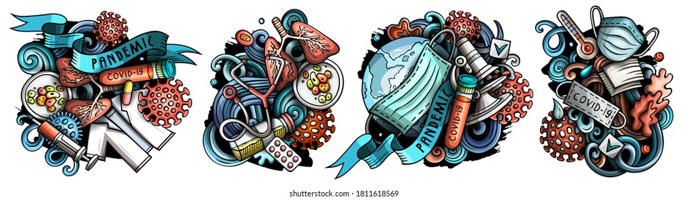 Epidemic cartoon vector doodle designs set. Colorful detailed compositions with lot of coronavirus objects and symbols. Isolated on white illustrations. Covid-19 pandemic banner