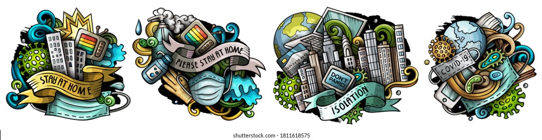 Epidemic cartoon vector doodle designs set. Colorful detailed compositions with lot of Stay Home objects and symbols. Isolated on white illustrations. Self isolation pandemic banner