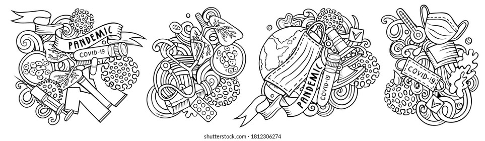 Diseños de doodles vectores de dibujos animados epidémicos. Composiciones detalladas con muchos objetos y símbolos de coronavirus. Aislado en ilustraciones blancas. Pancarta de la pandemia Covid-19