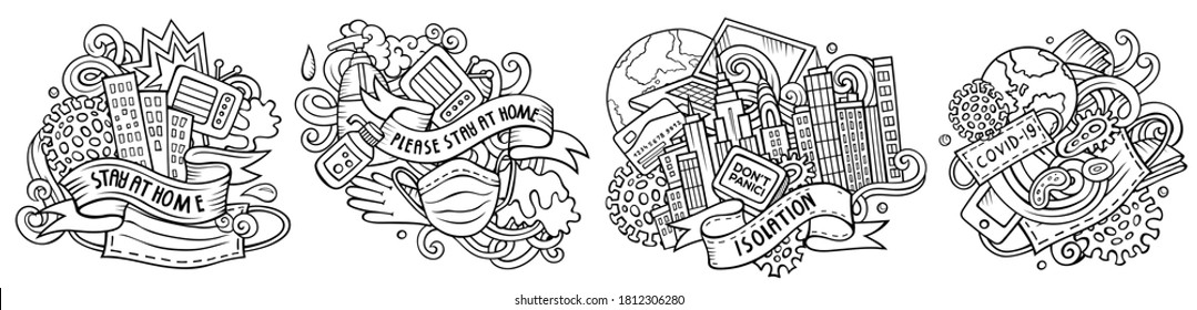 Epidemic cartoon vector doodle designs set. Line art detailed compositions with lot of Stay Home objects and symbols. Isolated on white illustrations. Self isolation pandemic banner