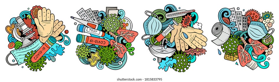 Epidemic cartoon vector doodle designs set. Colorful detailed compositions with lot of coronavirus objects and symbols. Isolated on white illustrations. Covid-19 pandemic banner