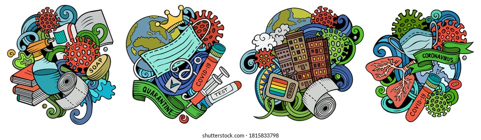 Epidemic cartoon vector doodle designs set. Colorful detailed compositions with lot of Stay Home objects and symbols. Isolated on white illustrations. Self isolation pandemic banner