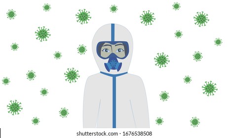 Epidemic of the Chinese coronavirus. Asian woman in bacteriological protection suit and protective mask portrait, virus in the air. Biological hazard. Coronavirus cells background