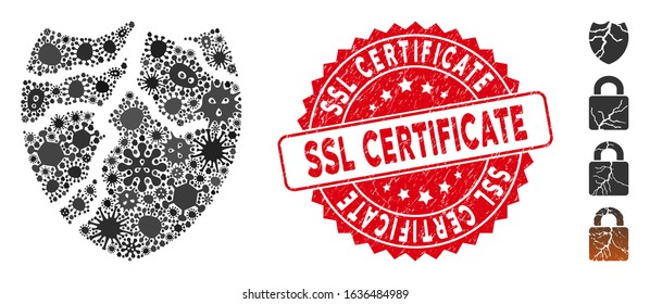 Epidemic collage corrupted shield icon and round rubber stamp seal with SSL Certificate caption. Mosaic vector is formed from corrupted shield icon and with randomized amoeba icons.