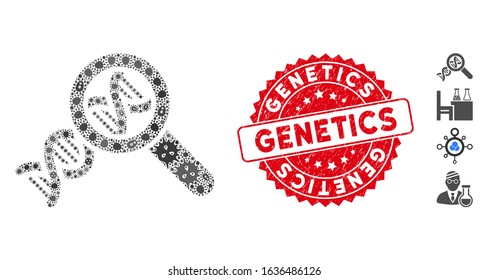Epidemic collage genetics icon and round rubber stamp seal with Genetics text. Mosaic vector is designed from genetics icon and with randomized microorganism icons. Genetics stamp seal uses red color,
