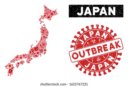 Epidemic collage Japan map and red rubber stamp seal with OUTBREAK badge. Japan map collage designed with scattered infection icons. Red round OUTBREAK seal stamp with grunge texture.